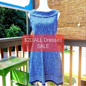BLUE SHIFT DRESS Rafaella pattern sleeveless rolled boatneck SP small petite